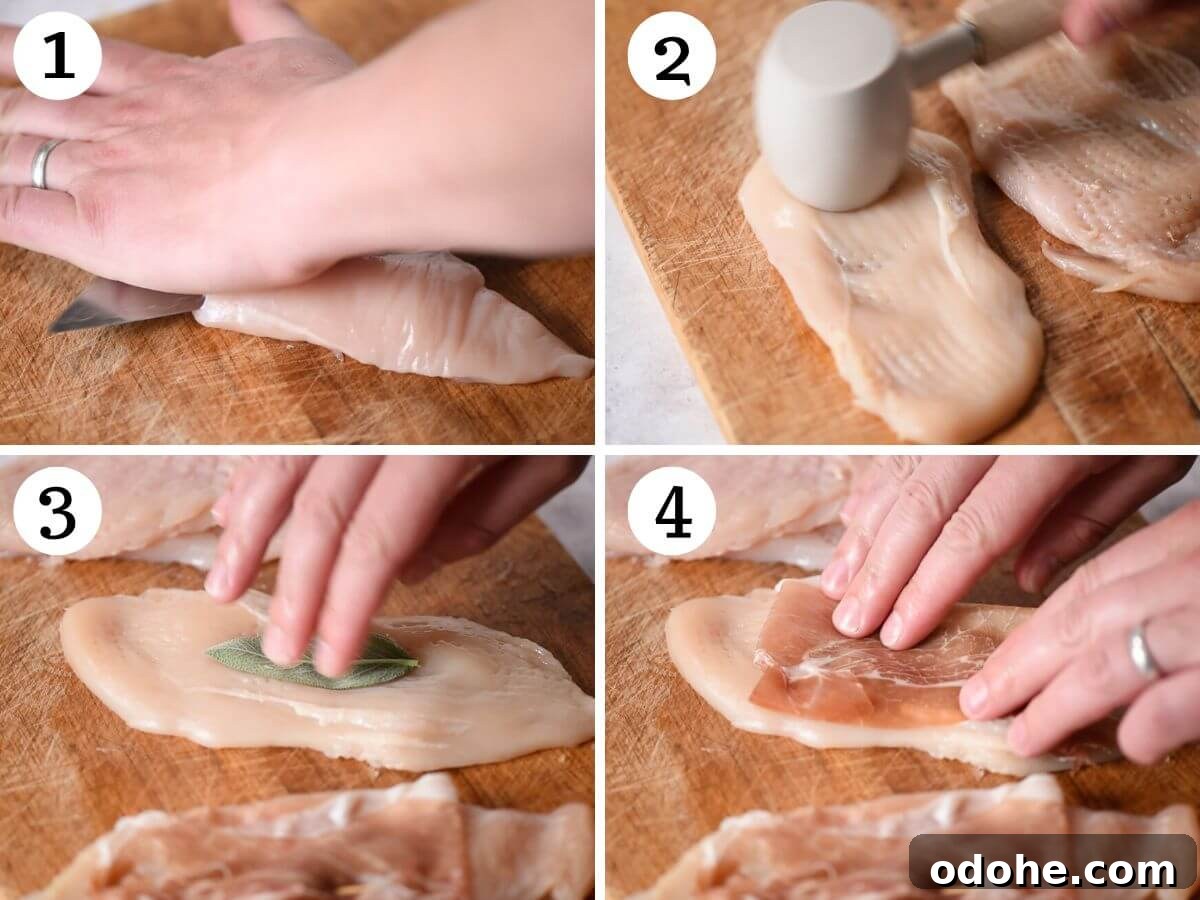 Chicken Saltimbocca Recipe: Tender Prosciutto-Wrapped Chicken with Sage 4 Four photos in a collage showing how to prepare chicken for saltimbocca.