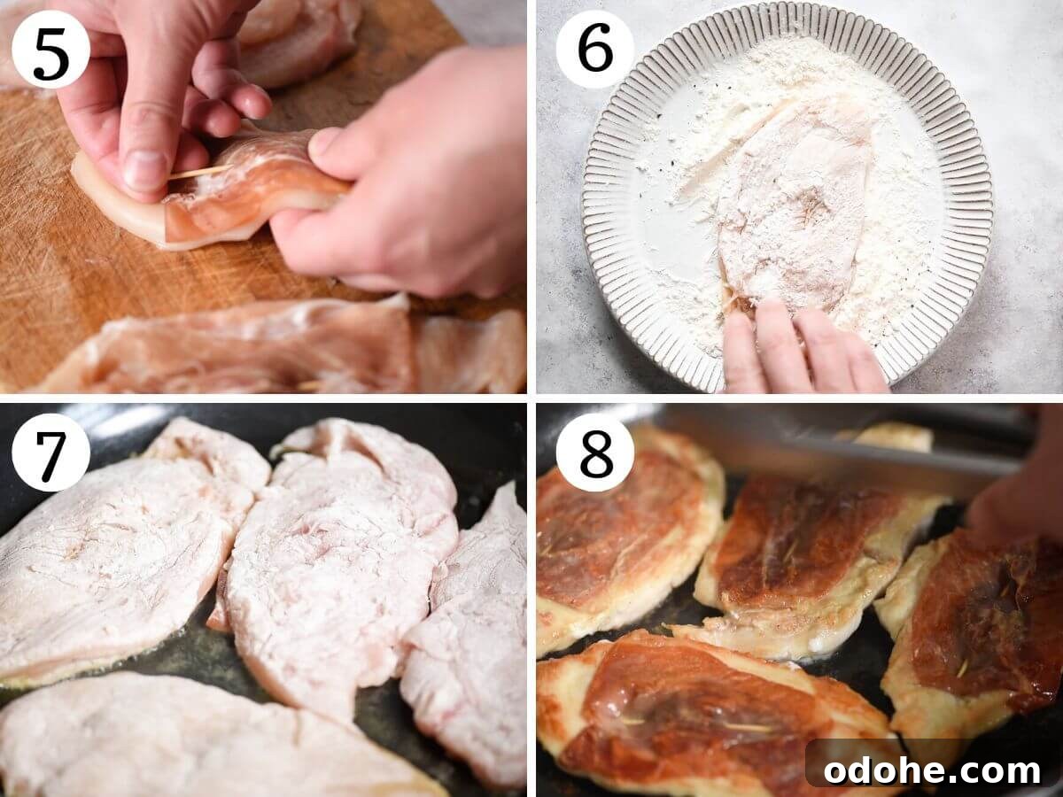 Chicken Saltimbocca Recipe: Tender Prosciutto-Wrapped Chicken with Sage 5 Four photos in a collage showing how to dredge chicken in flour and fry them.