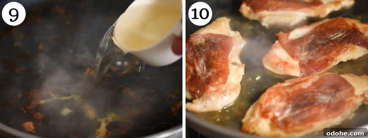 Chicken Saltimbocca Recipe: Tender Prosciutto-Wrapped Chicken with Sage 6 Two photos in a collage showing how to deglaze a pan with white wine and cook saltimbocca.