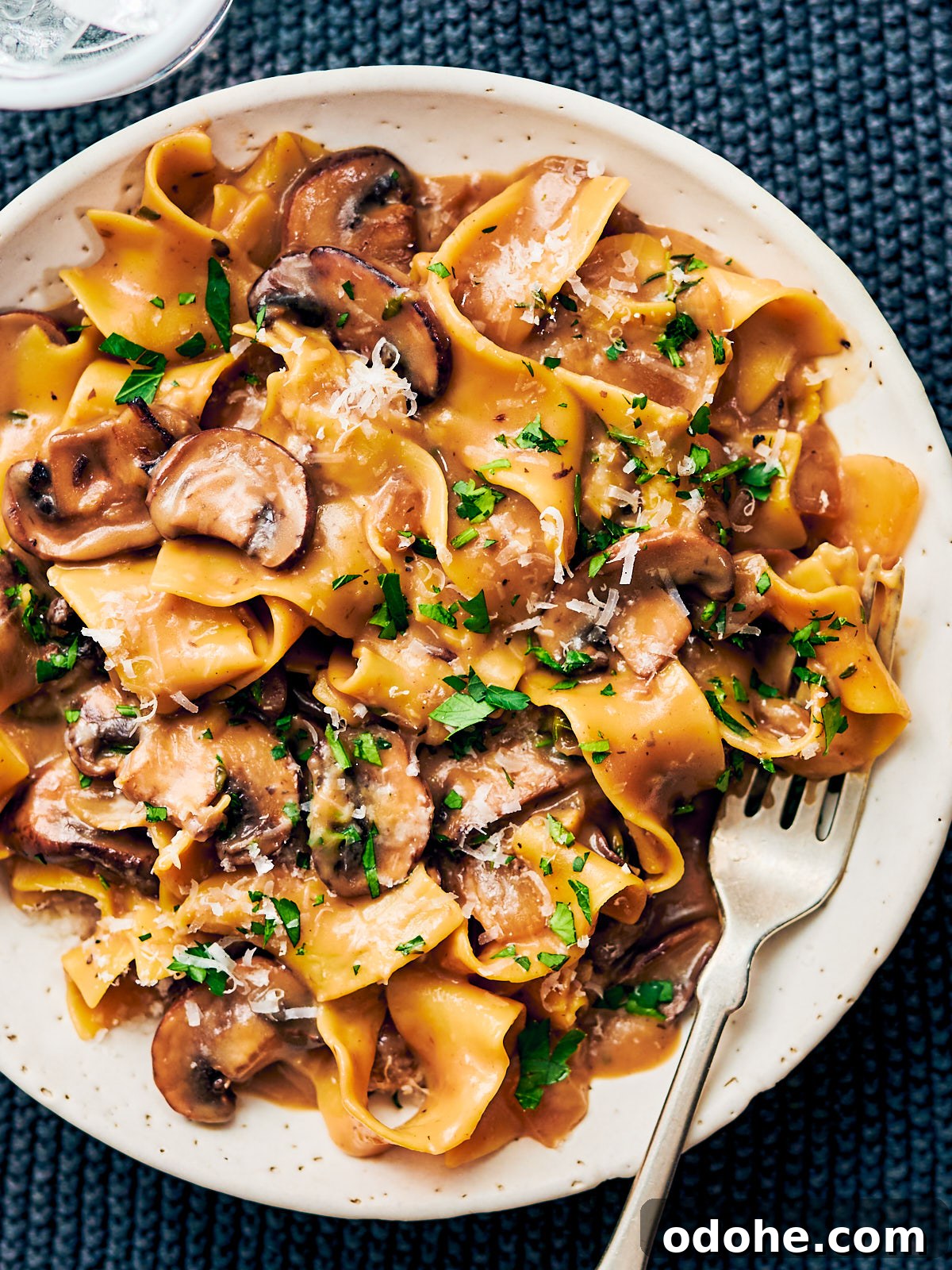 Vegetarian Mushroom Stroganoff on a dinner plate topped with parmesan cheese and parsley. 
