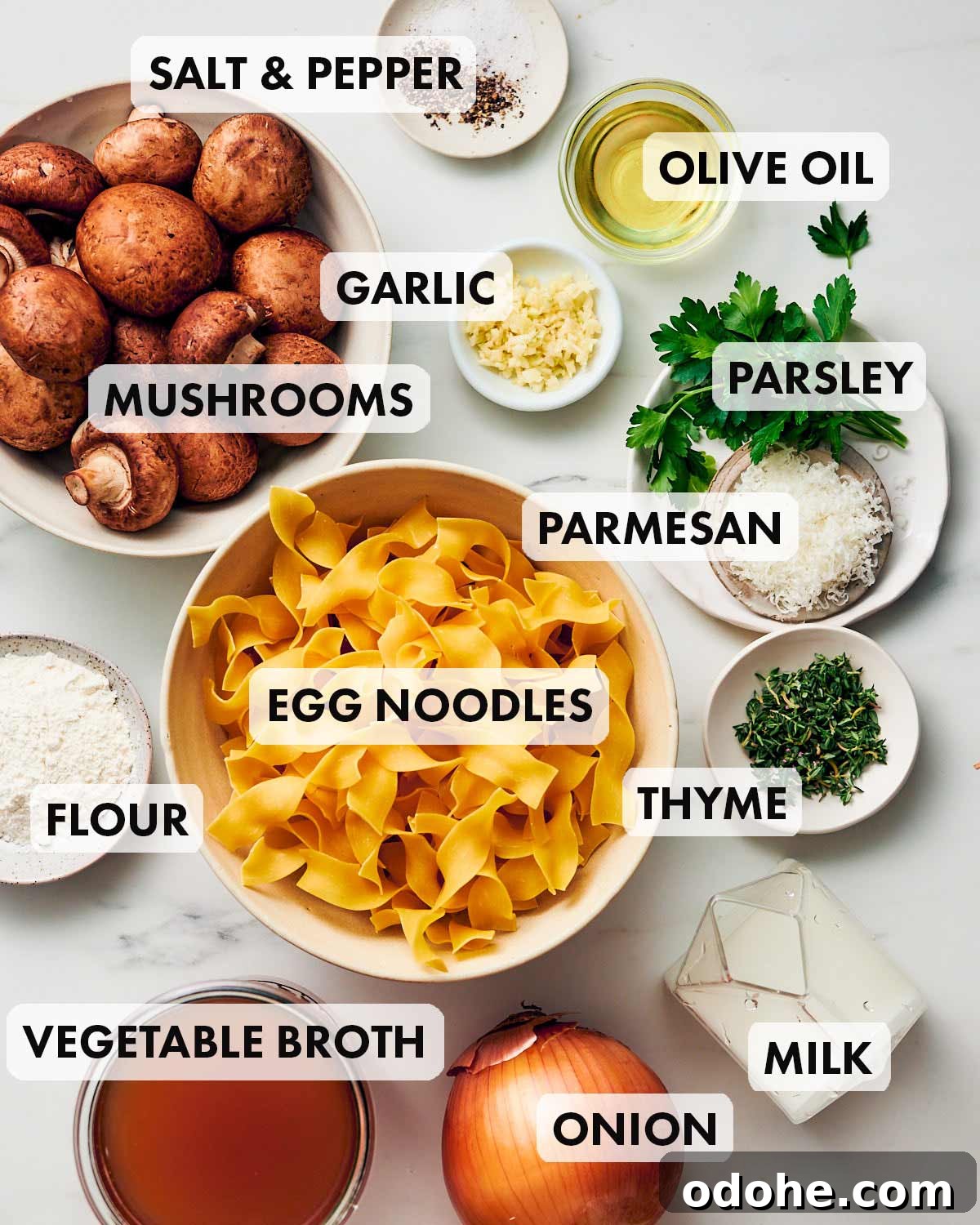 Ingredients to make one pot Vegetarian Mushroom Stroganoff.