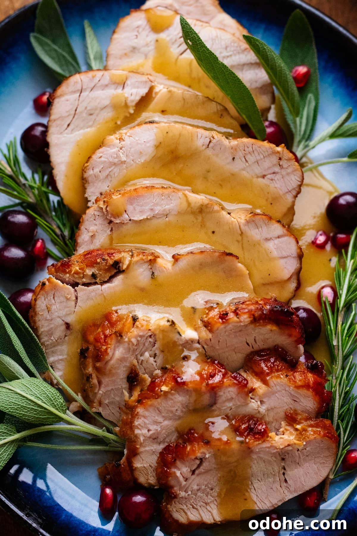 Maple Herb Turkey Breast in the Air Fryer: Juicy, Flavorful Roast 11 A close up of turkey breast slices with gravy over top with herbs arranged around the turkey.