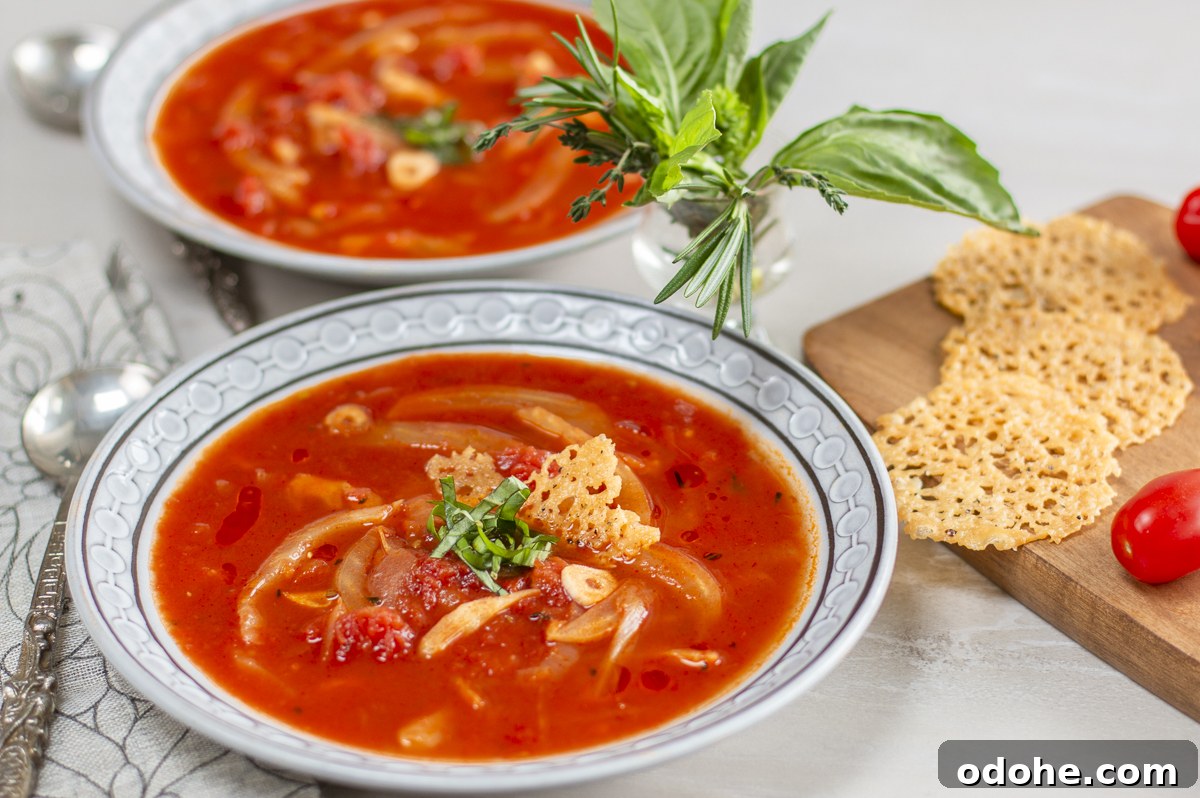 Herbed Tomato & Fennel Soup with Parmesan Crisps and Basil 2 Tomato Fennel Soup with parmesan crisp in mid-century bowls