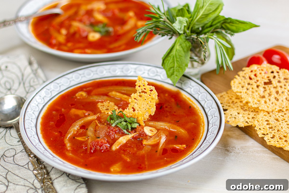 Herbed Tomato & Fennel Soup with Parmesan Crisps and Basil 4 Garnish this delicious tomato and fennel soup with parmesan crisps (frico)