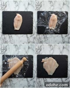 4 step by step photos showing how to pound chicken breast