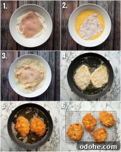 6 step by step photos showing how to make katsu chicken