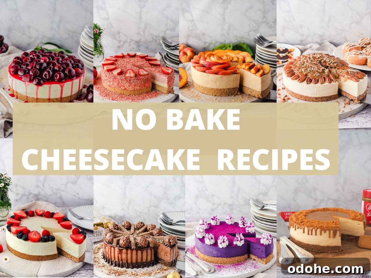 No-Bake Cheesecake Recipes: Simple, No-Oven Dessert Ideas 2 No bake cheesecake recipes collage with cherry cheesecake, strawberry crunch cheesecake, peach cheesecake, caramel pecan cheesecake, Philadelphia cheesecake, Ferrero Rocher cheesecake, ube cheesecake and Biscoff cheesecake, with text overlay.