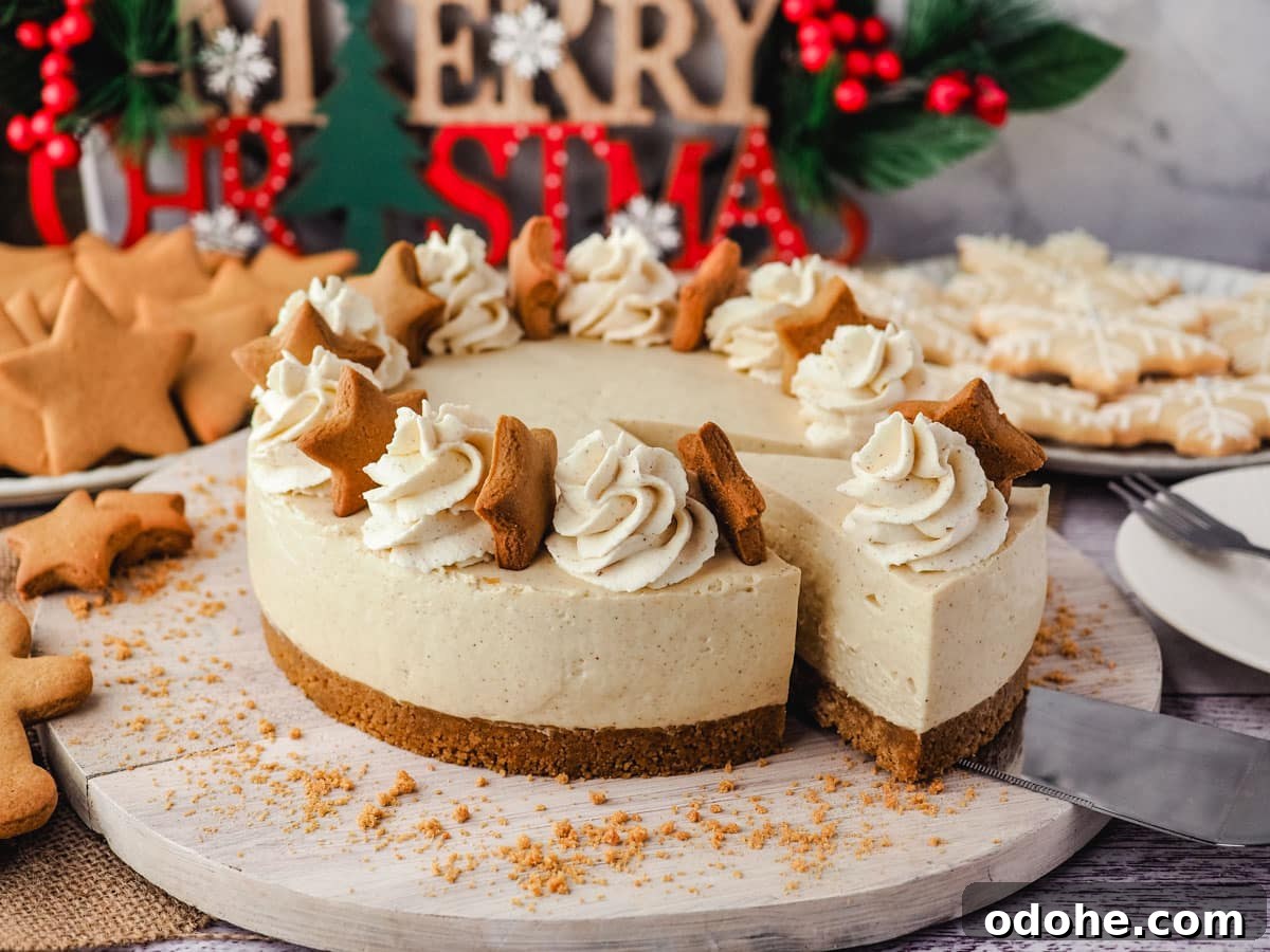 No-Bake Cheesecake Recipes: Simple, No-Oven Dessert Ideas 11 Slicing a piece of gingerbread cheesecake on a serving board, surrounded by Christmas desserts and decorations.
