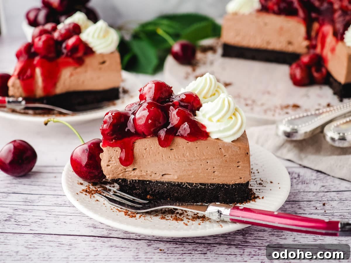 No-Bake Cheesecake Recipes: Simple, No-Oven Dessert Ideas 12 Slice of black forest cheesecake on a plate with a fork.