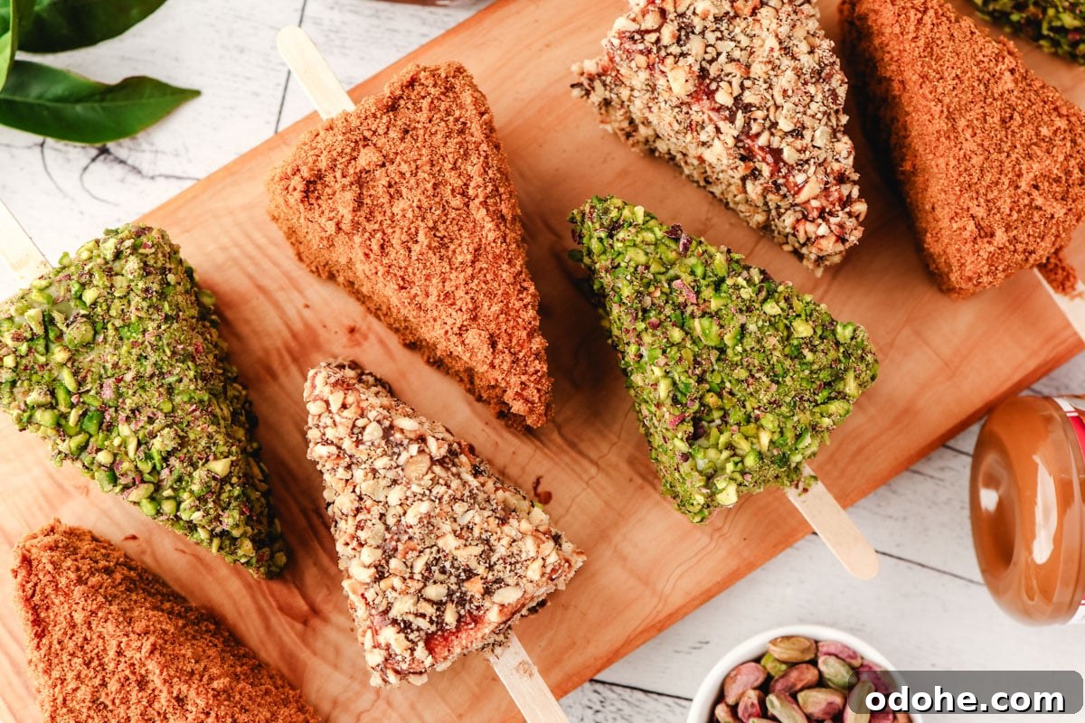No-Bake Cheesecake Recipes: Simple, No-Oven Dessert Ideas 17 Biscoff, pistachio and Nutella cheesecake sticks on a serving board.
