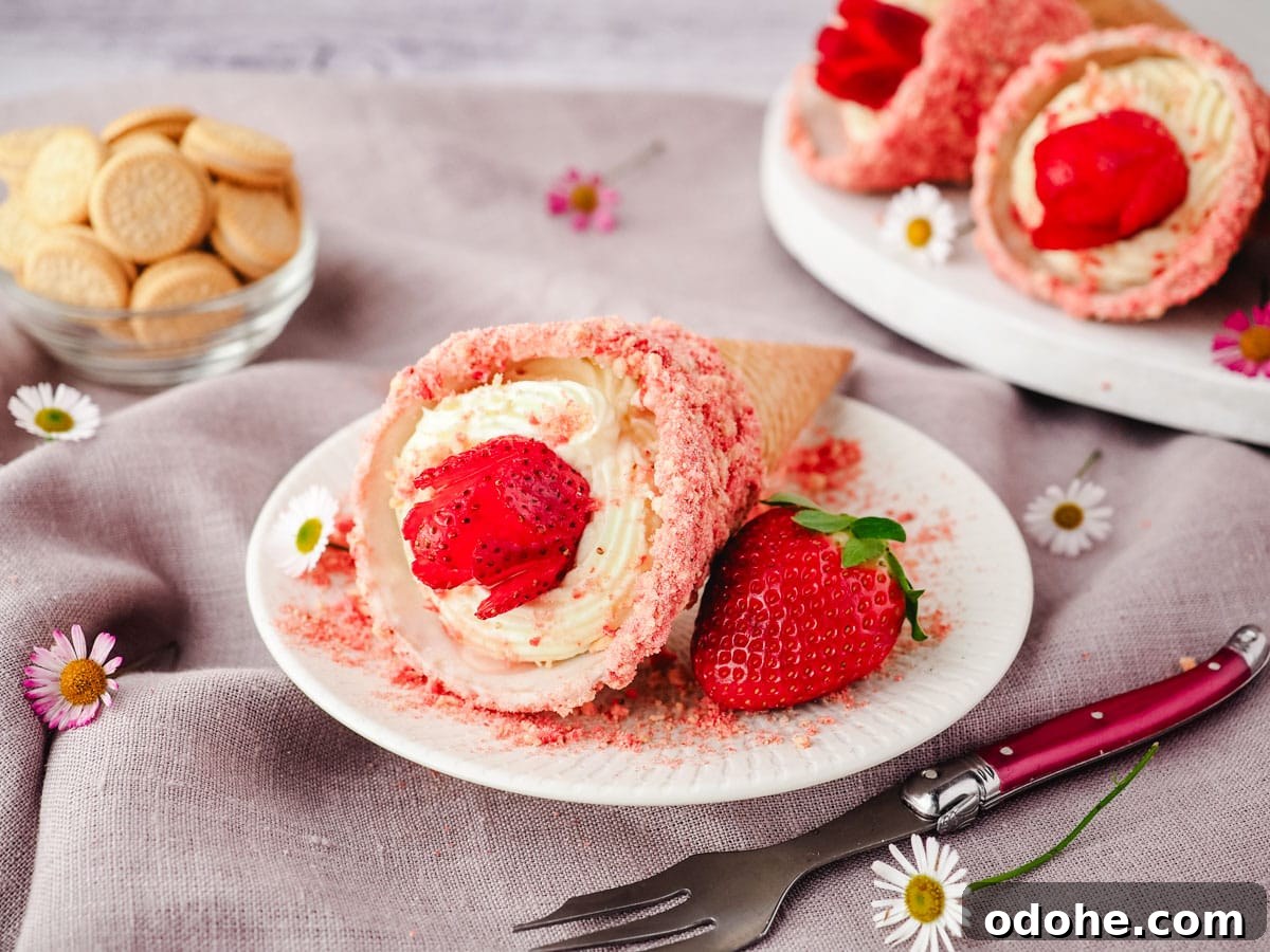 No-Bake Cheesecake Recipes: Simple, No-Oven Dessert Ideas 26 Strawberry crunch cheesecake cone on a plate with a fresh strawberry and fork on the side.