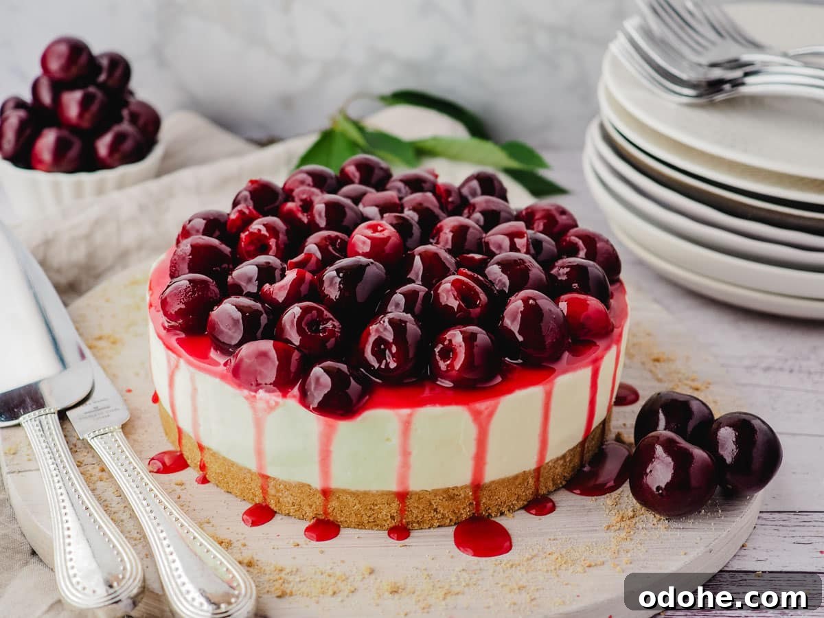No-Bake Cheesecake Recipes: Simple, No-Oven Dessert Ideas 27 Cherry cheesecake on a serving platter with fresh cherries and serving ware on the side.