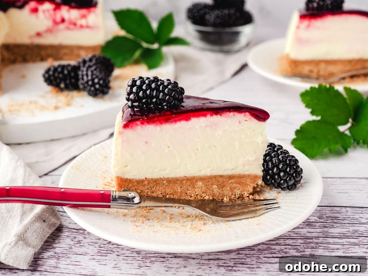 No-Bake Cheesecake Recipes: Simple, No-Oven Dessert Ideas 30 Slice of no bake blackberry cheesecake on a plate with fork, and rest of cake in background.
