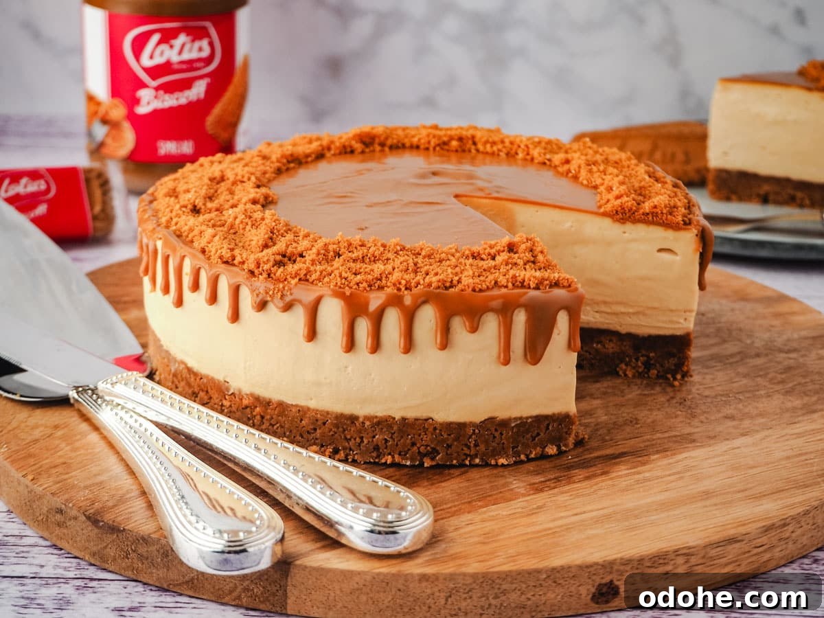 No-Bake Cheesecake Recipes: Simple, No-Oven Dessert Ideas 4 Cheesecake on a serving board with serving wear, jar of Biscoff and Biscoff cookies and slice of cake in background.