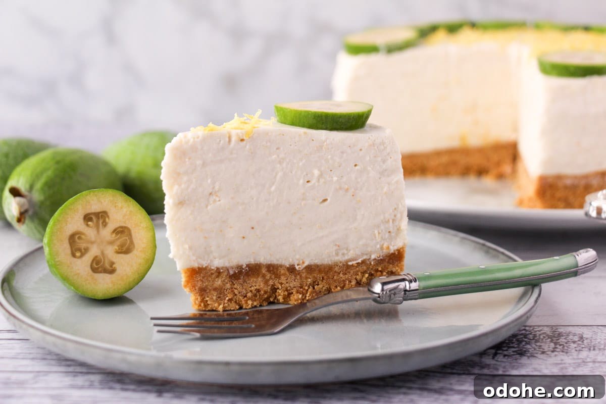 No-Bake Cheesecake Recipes: Simple, No-Oven Dessert Ideas 36 Slice of feijoa cake on the serving plate with vintage spoon, rest of cake and fresh feijoas in the background.