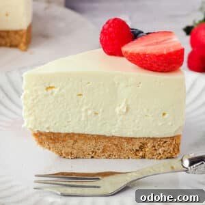 No-Bake Cheesecake Recipes: Simple, No-Oven Dessert Ideas 38 No bake cheesecake recipes, slice of base recipe, on a plate with a fork and fresh fruit.