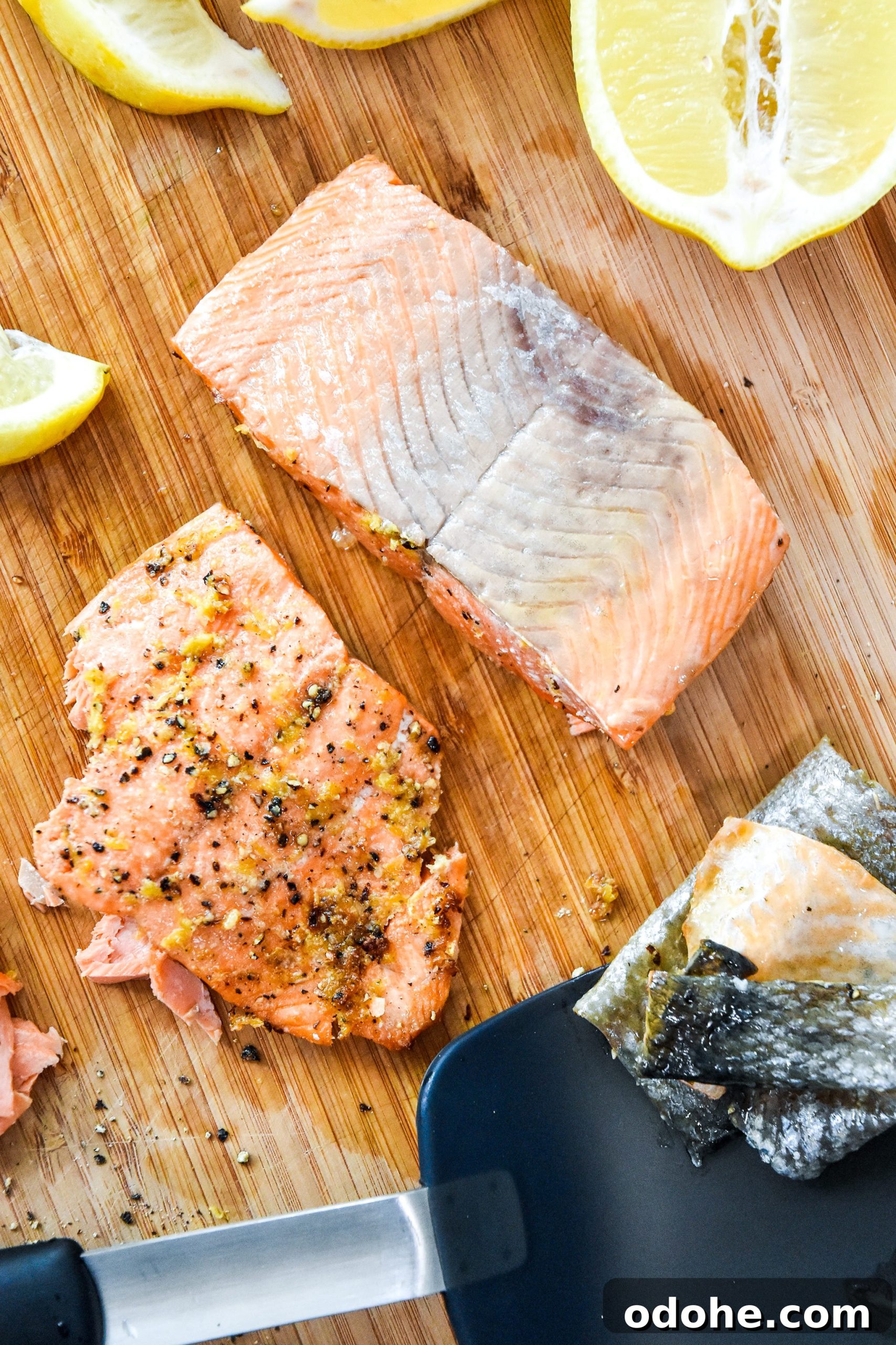 easily remove the skin from the cooked air fryer lemon pepper salmon.