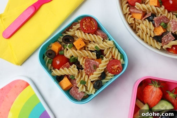 Pizza Pasta Salad packed in a colourful airtight container