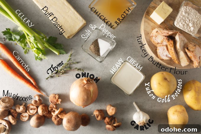 Ninja Foodi Turkey Pot Pie Recipe: Crispy, Creamy Comfort 3 Ingredients shot of ninja foodi turkey pot pie: celery, carrots, mushrooms, onion, thyme, puff pastry, chicken broth, salt, pepper, heavy cream, garlic, yukon gold potatoes, turkey, butter, flour