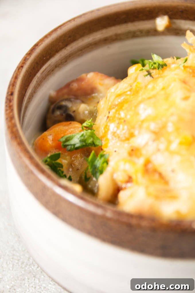 Ninja Foodi Turkey Pot Pie Recipe: Crispy, Creamy Comfort 5 Close up of turkey pot pie in a ceramic dish