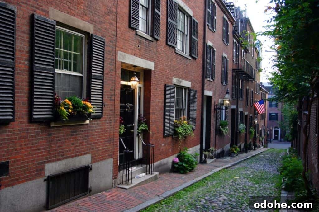 Stroll along the cobblestone street, where historic brick row houses adorned with flower boxes and shutters invite you into a quintessential scene. As an American flag proudly waves, discover this charming view through walking tours in Boston.
