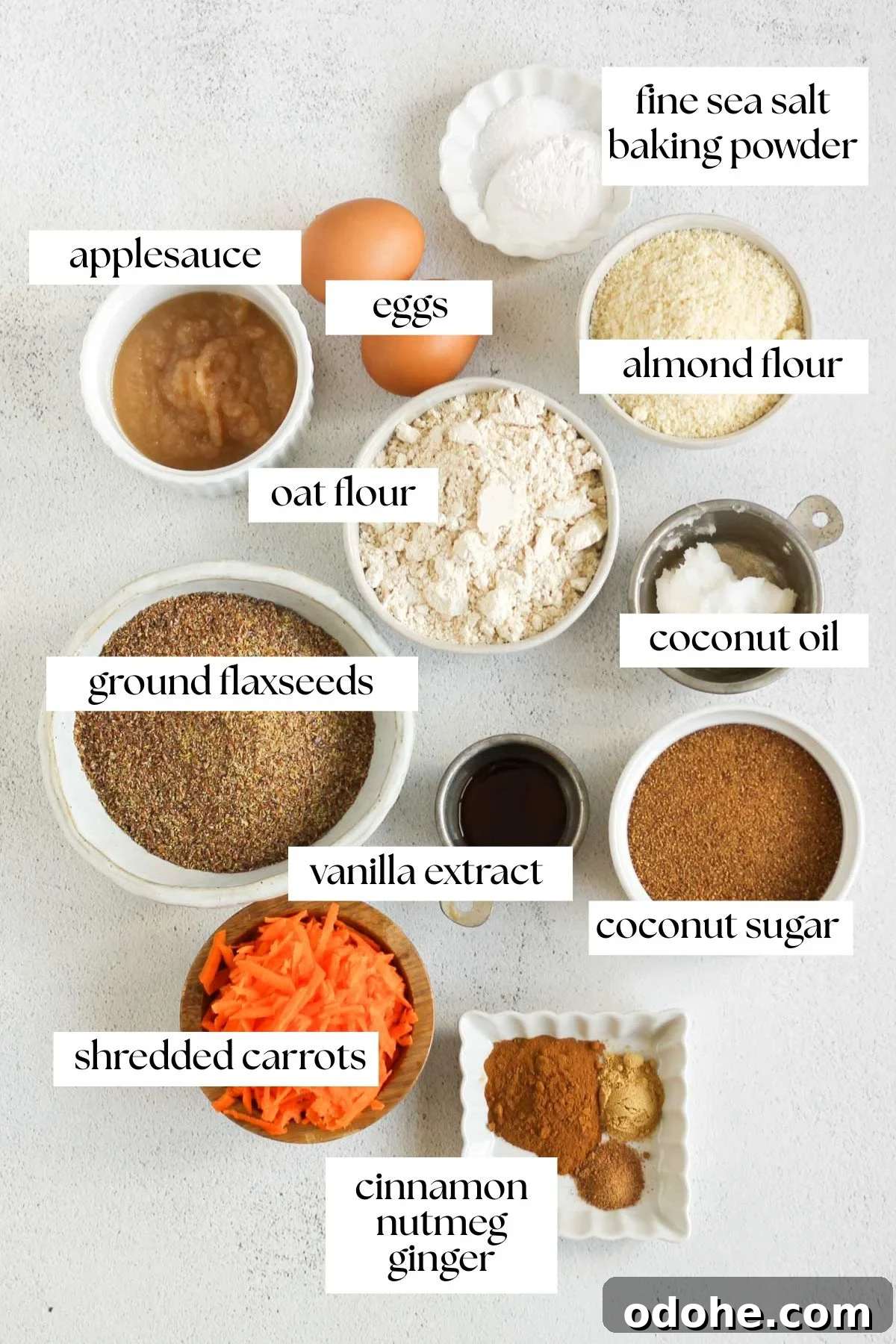 Flaxseed Carrot Muffins with Cinnamon and Honey 3 Labeled ingredients for carrot flaxseed muffins.