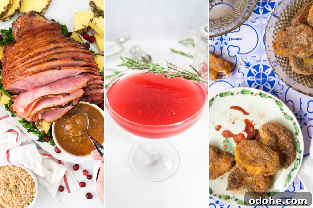Collage showing three Brazilian holiday foods: ham, a cranberry drink and french toast