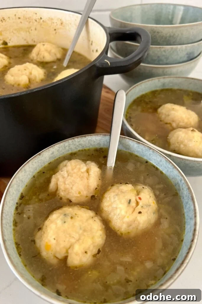 Sourdough Dumplings: Quick Discard and Overnight Methods 2 Two bowls of chicken soup with 3 sourdough dumplings in each bowl. There is a black Dutch oven in the background with the rest of the soup and dumplings in it.