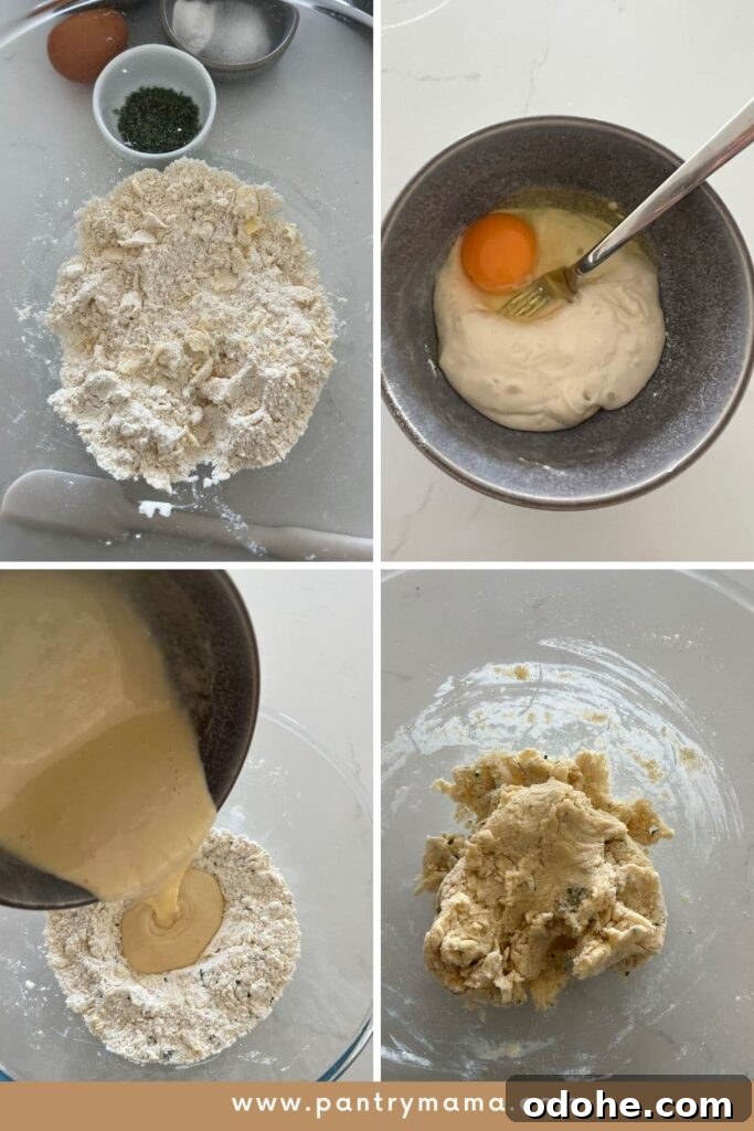Sourdough Dumplings: Quick Discard and Overnight Methods 4 4 photos that show the process of making the sourdough dumplings - from rubbing the flour into the butter, mixing the egg with the sourdough starter, pouring the wet mixture into the dry mixture and then bringing the shaggy dough together.