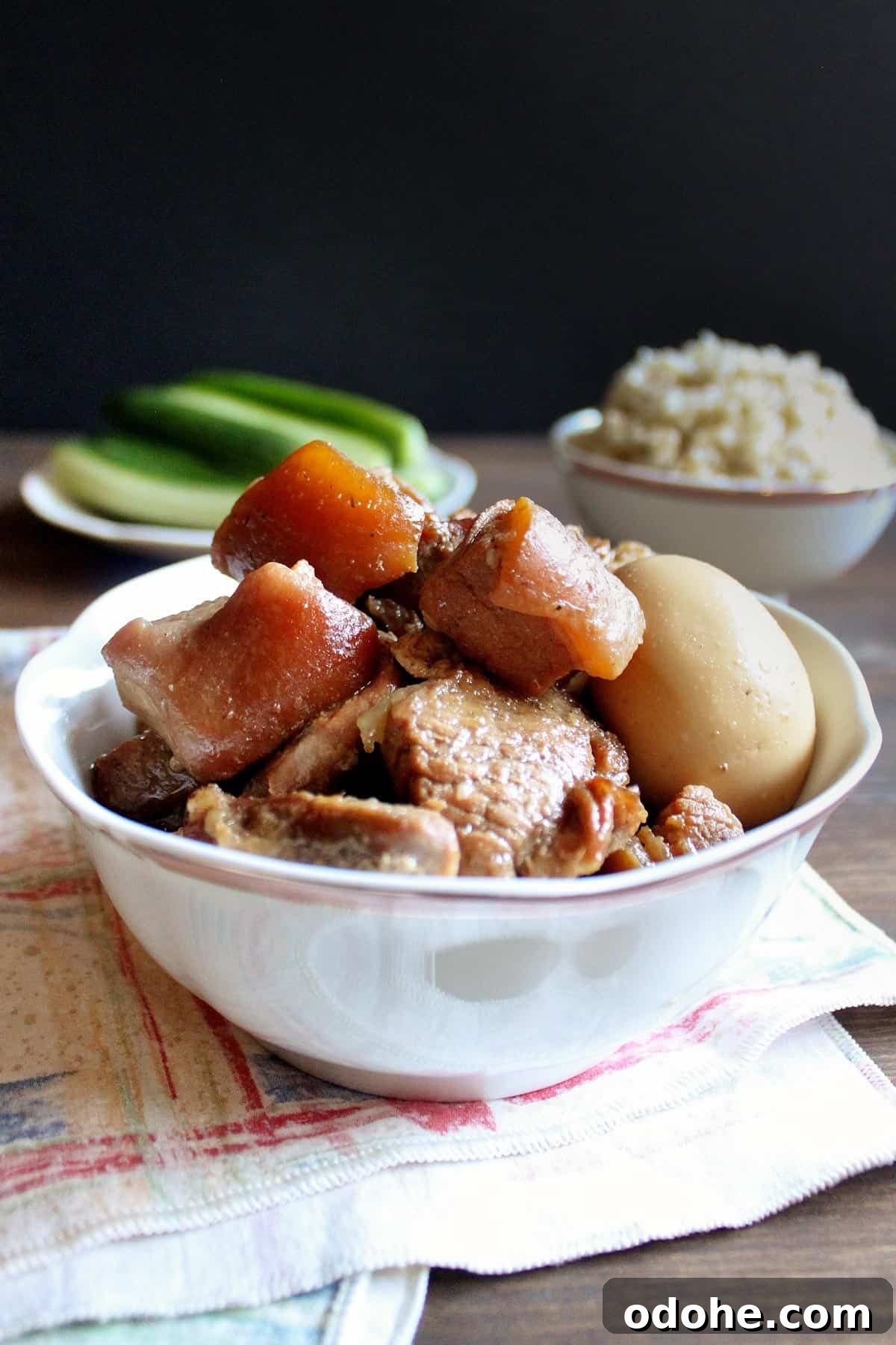 Vietnamese Braised Pork and Eggs (Thịt Kho Trứng) 4 Thịt kho trứng in a bowl.