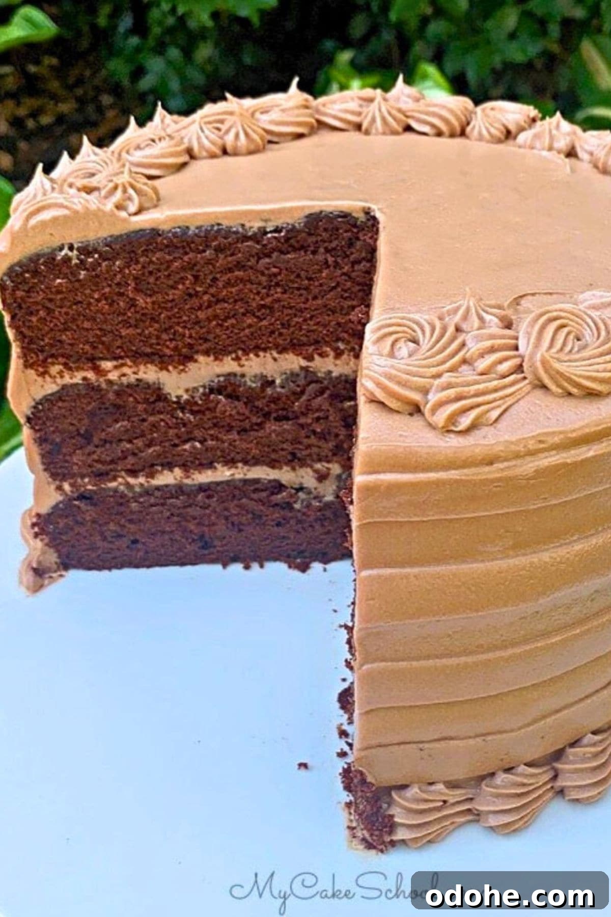 Decadent Dark Chocolate Cake Recipe for Rich, Moist Layers 2 Dark chocolate cake, sliced, on a cake pedestal.