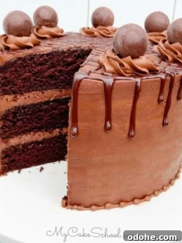Chocolate Truffle Cake, sliced, on a pedestal.