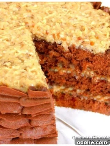Closeup of sliced German Chocolate Cake.