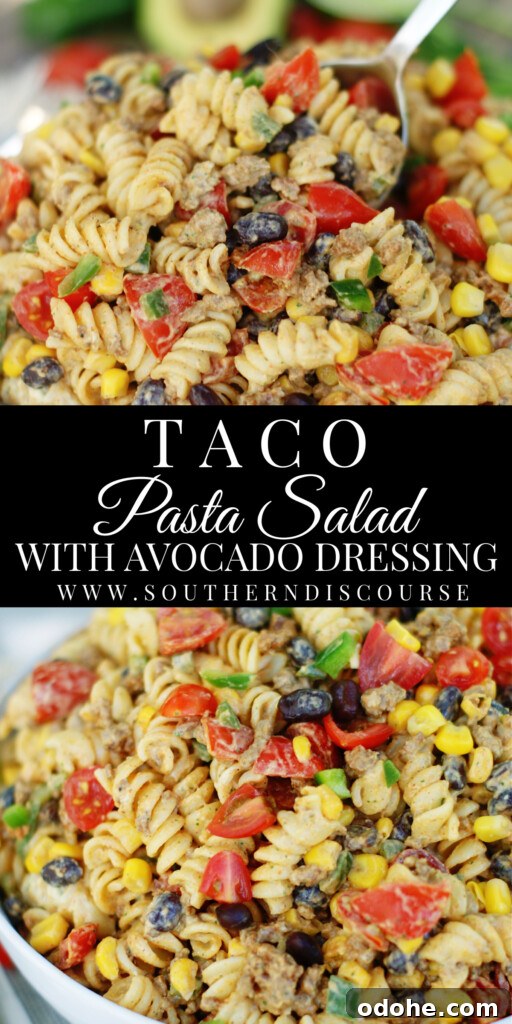 Taco Pasta Salad with Creamy Avocado Dressing 13 Taco Pasta Salad is loaded with taco seasoned ground beef, black beans, tomatoes, green onions, corn and jalapenos, then tossed in a cool, creamy avocado cilantro dressing with lime. An easy Tex Mex favorite for cookouts, potlucks, tailgates and family gatherings.