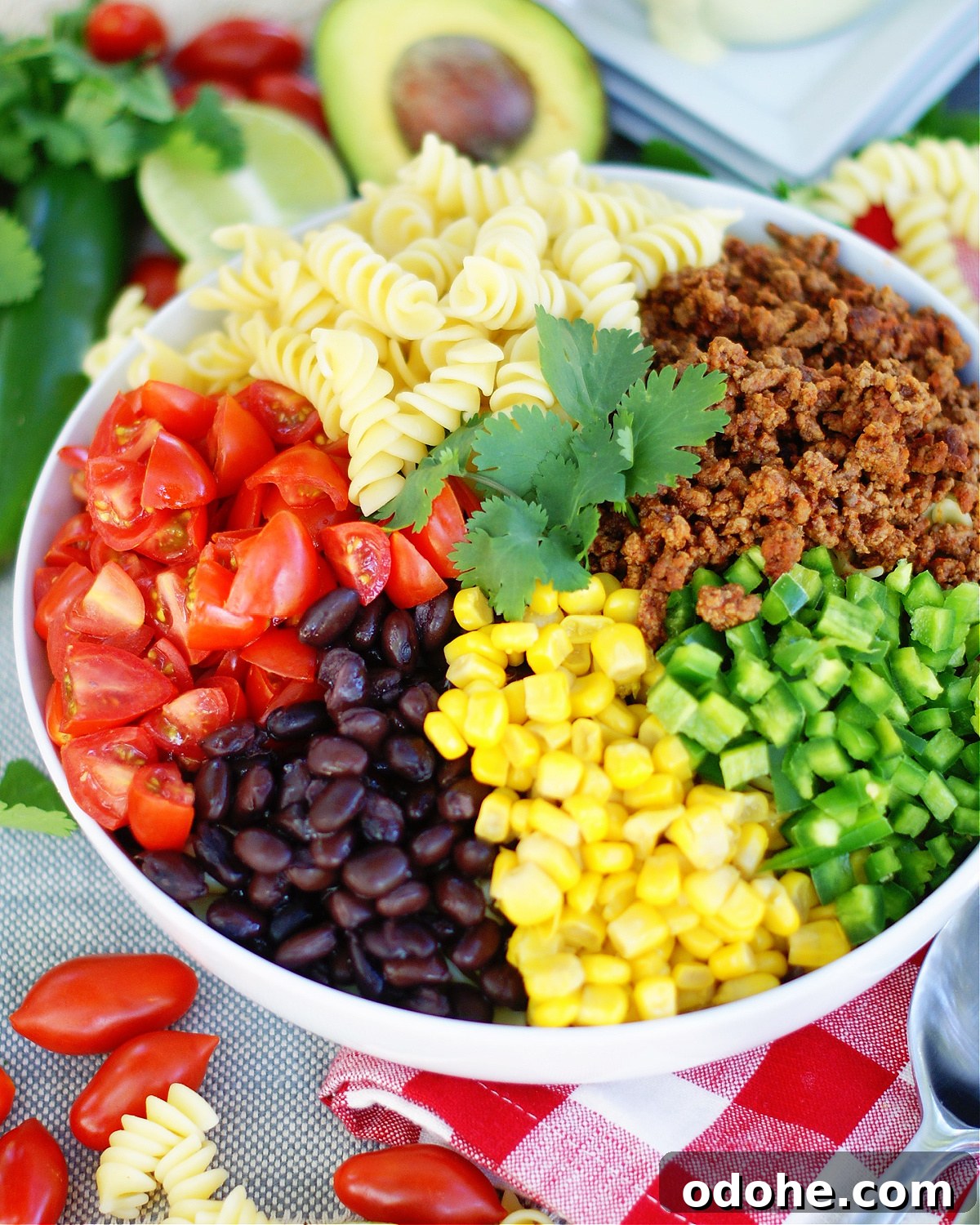 Taco Pasta Salad with Creamy Avocado Dressing 4 Taco Pasta Salad has all the delicious Tex Mex flavors.