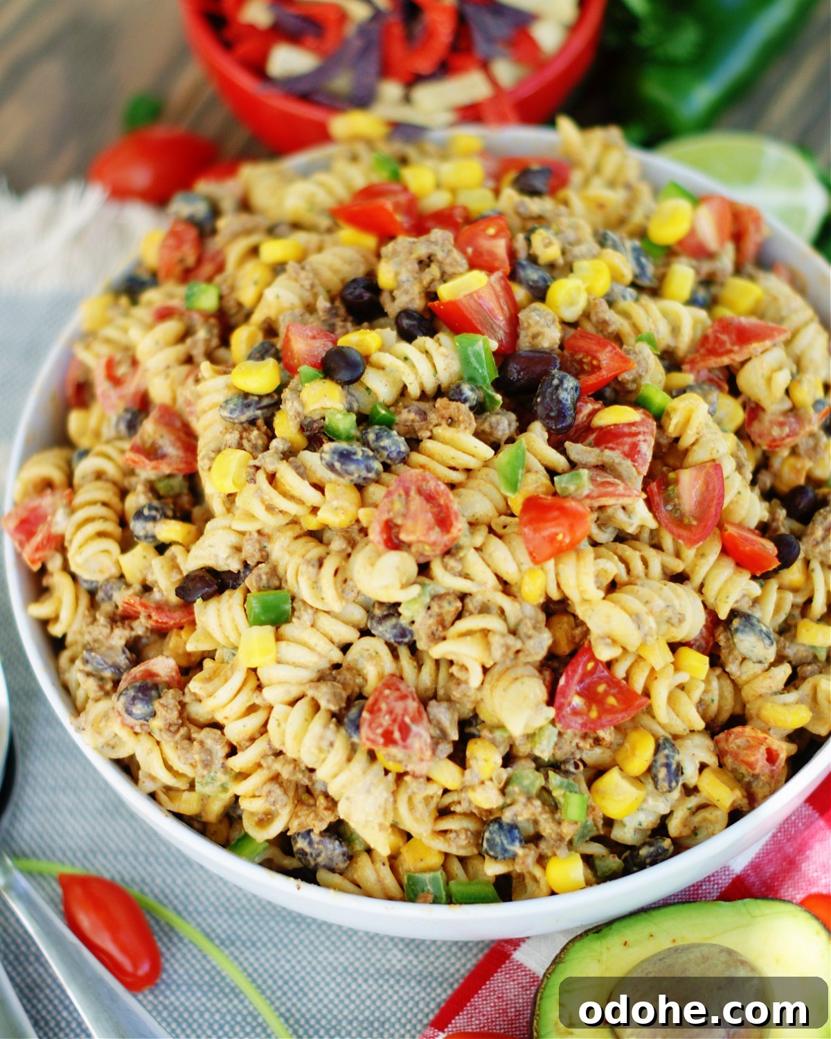 Taco Pasta Salad with Creamy Avocado Dressing 8 Taco Pasta Salad tossed in an Avocado Cilantro Dressing