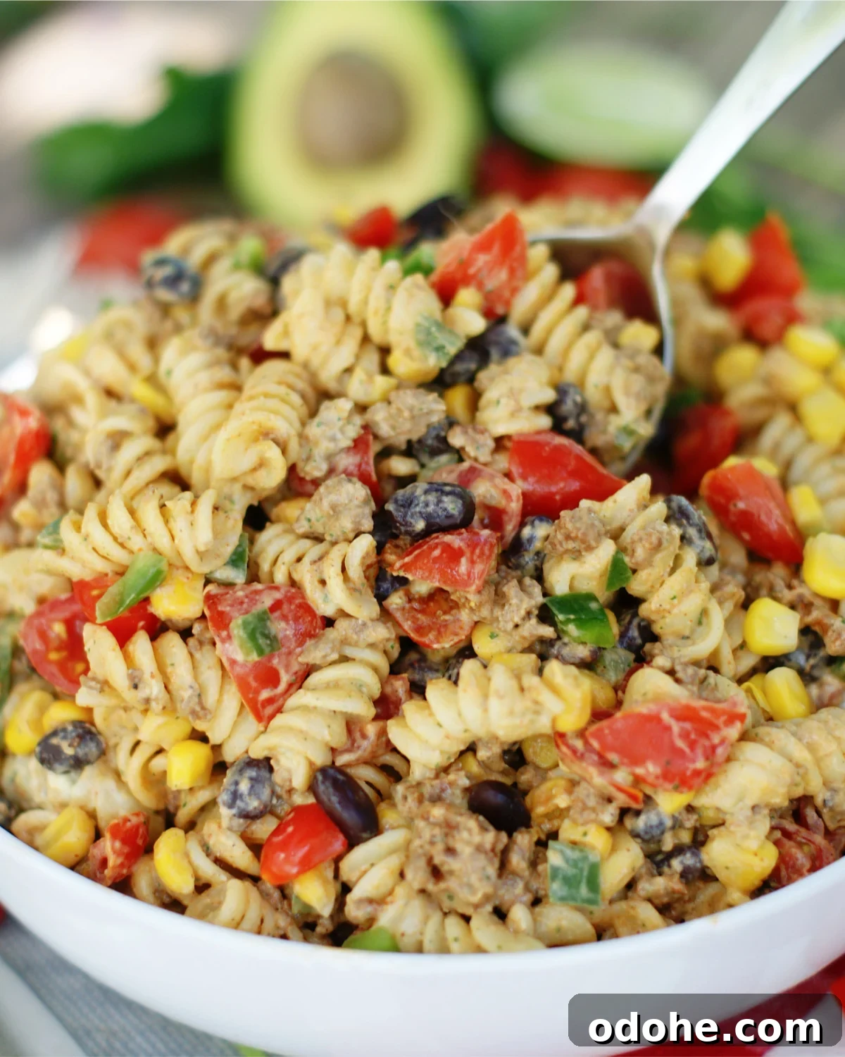 Taco Pasta Salad with Creamy Avocado Dressing 9 Serve Taco Pasta Salad at cookouts, tailgates or potlucks.