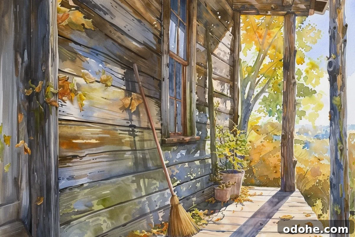 broom on cabin porch in fall.