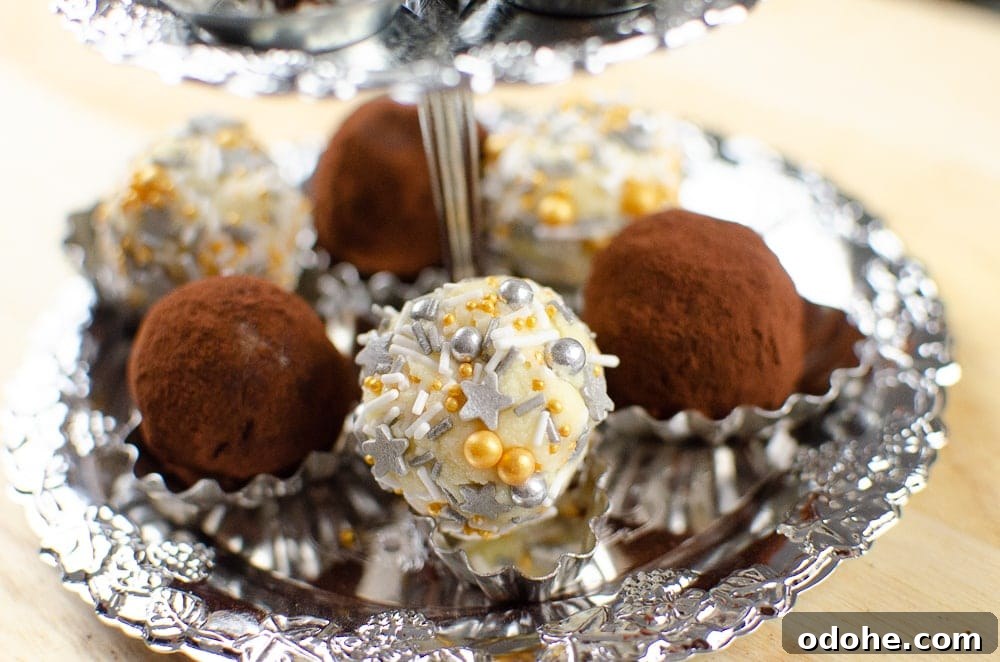 Decadent White Chocolate Truffles Recipe for Homemade Gifts 2 Mixture of our chocolate truffles served on a silver serving tray