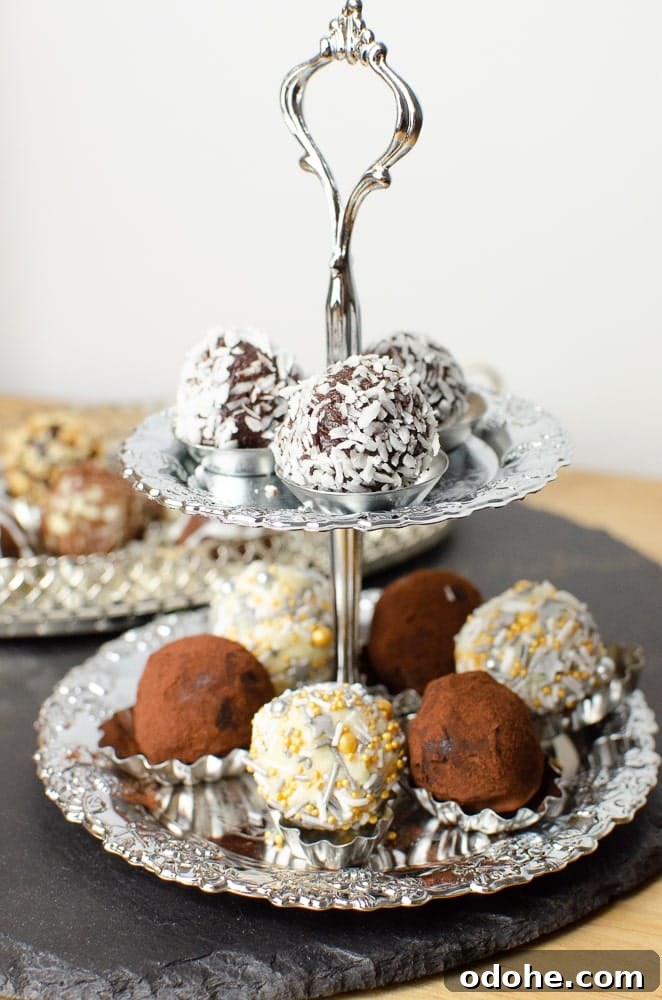 Decadent White Chocolate Truffles Recipe for Homemade Gifts 13 Mixture of our chocolate truffles served on a silver serving tray including our white chocolate truffles