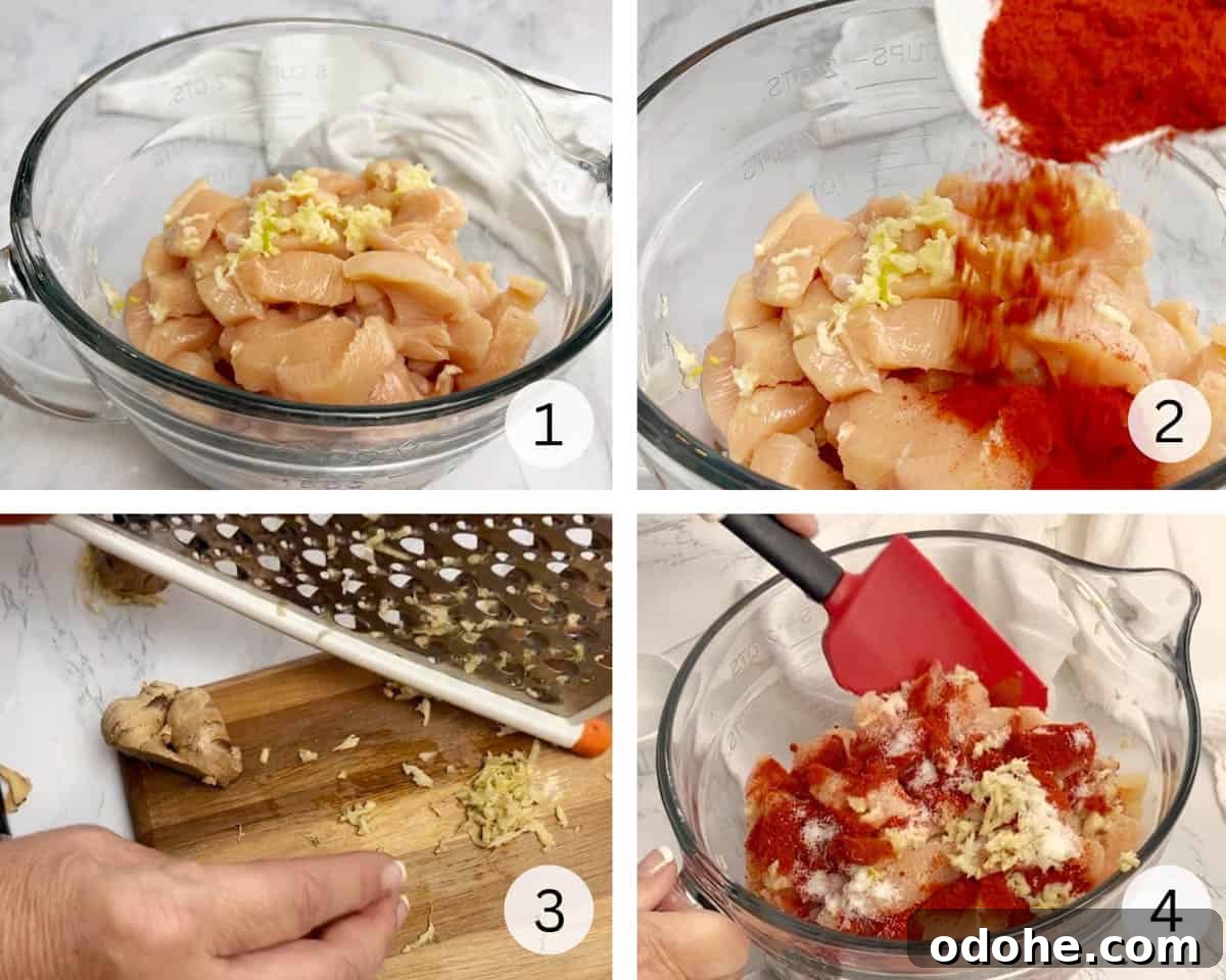 Four pictures showing process to prep for butter chicken.