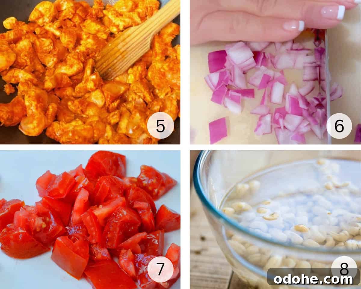 soaked cashews chopped onions and tomatoes, and marinated chicken for butter chicken.