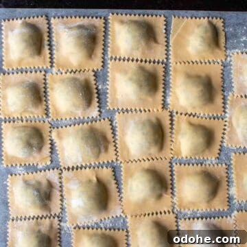 Fresh Spinach and Ricotta Ravioli Recipe for Homemade Pasta 14 Filled ravioli arranged on a baking sheet.