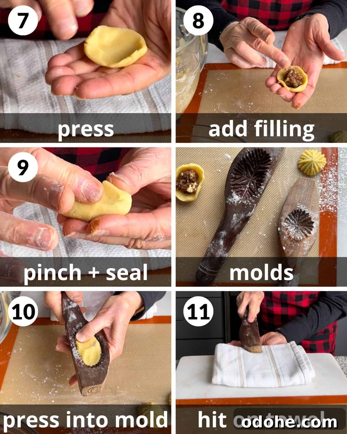 A 6 photo collage showing further assembly of maamoul cookies. 