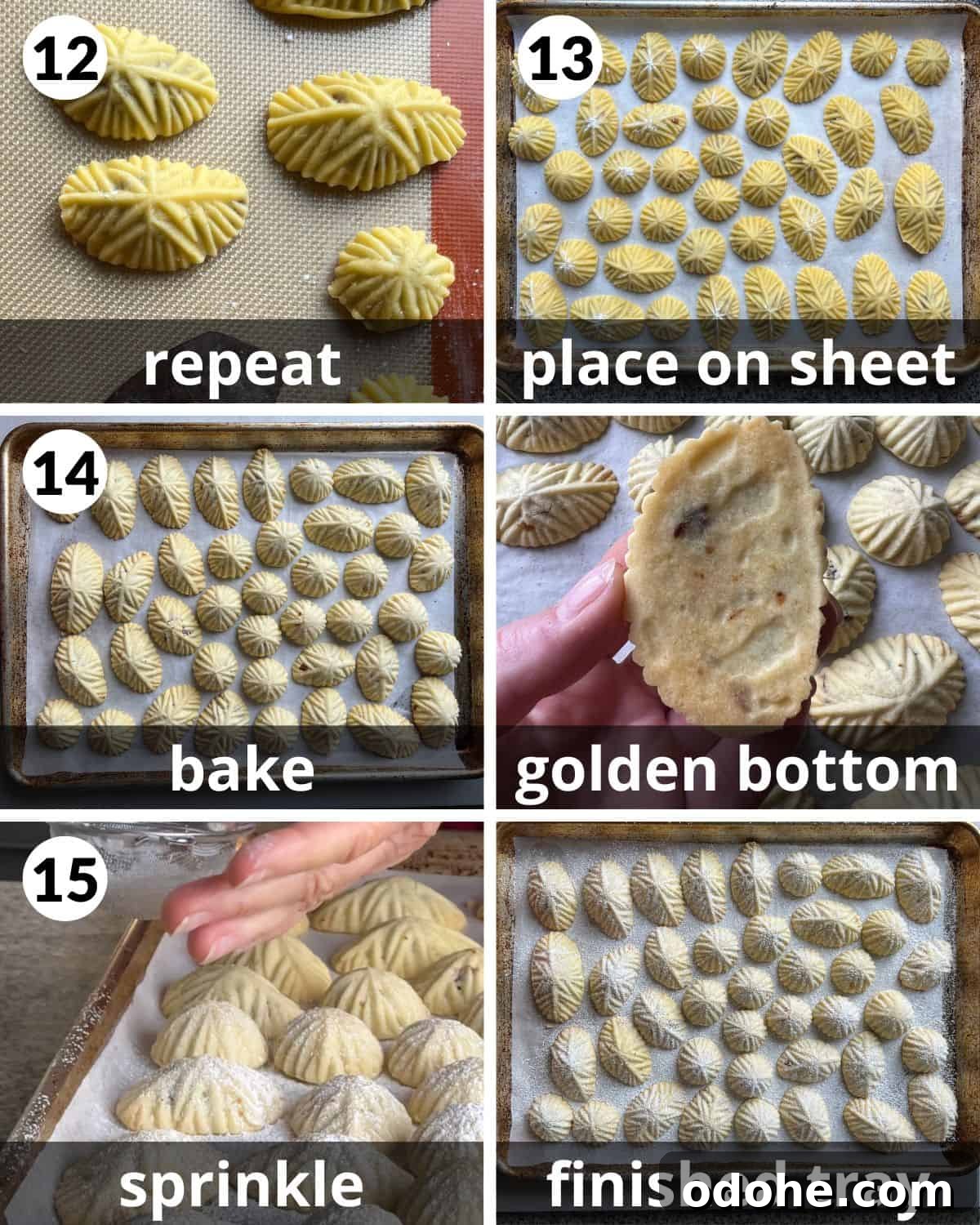 A 6 photo collage showing the final assembly of maamoul cookies. 