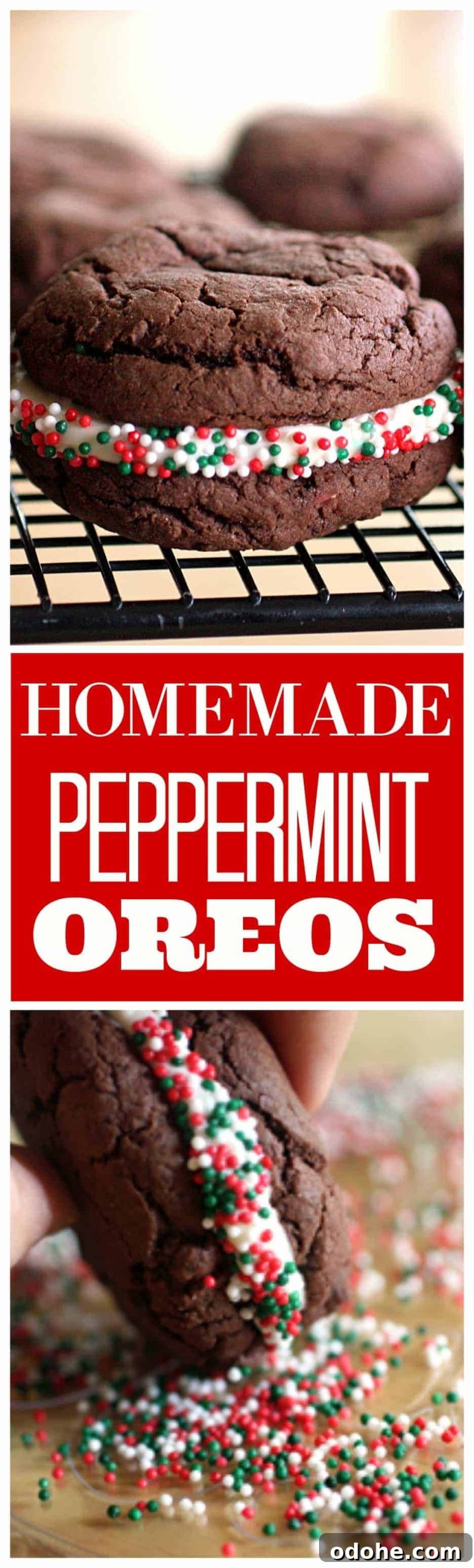 Homemade Peppermint Oreos - soft chocolate cookies with a peppermint cream cheese frosting. Great for Christmas cookie plates.