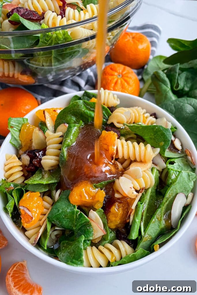 Mandarin Spinach Pasta Salad with Citrus Vinaigrette 3 mandarin spinach pasta salad with dressing on top