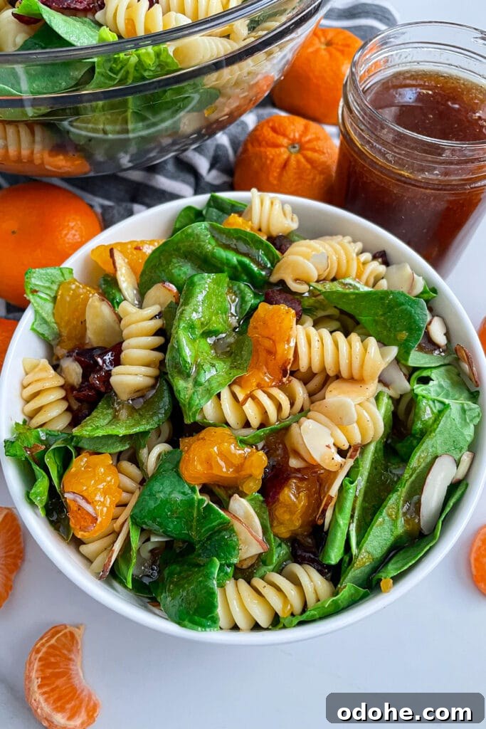 Mandarin Spinach Pasta Salad with Citrus Vinaigrette 4 close up shot of mandarin spinach pasta salad