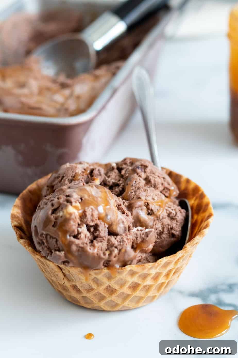 waffle bowl with chocolate ice cream and caramel
