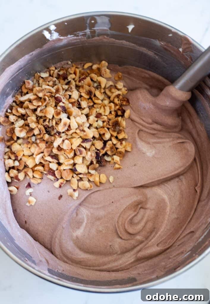 chocolate no-churn ice cream in a large mixing bowl with chopped hazelnuts on top
